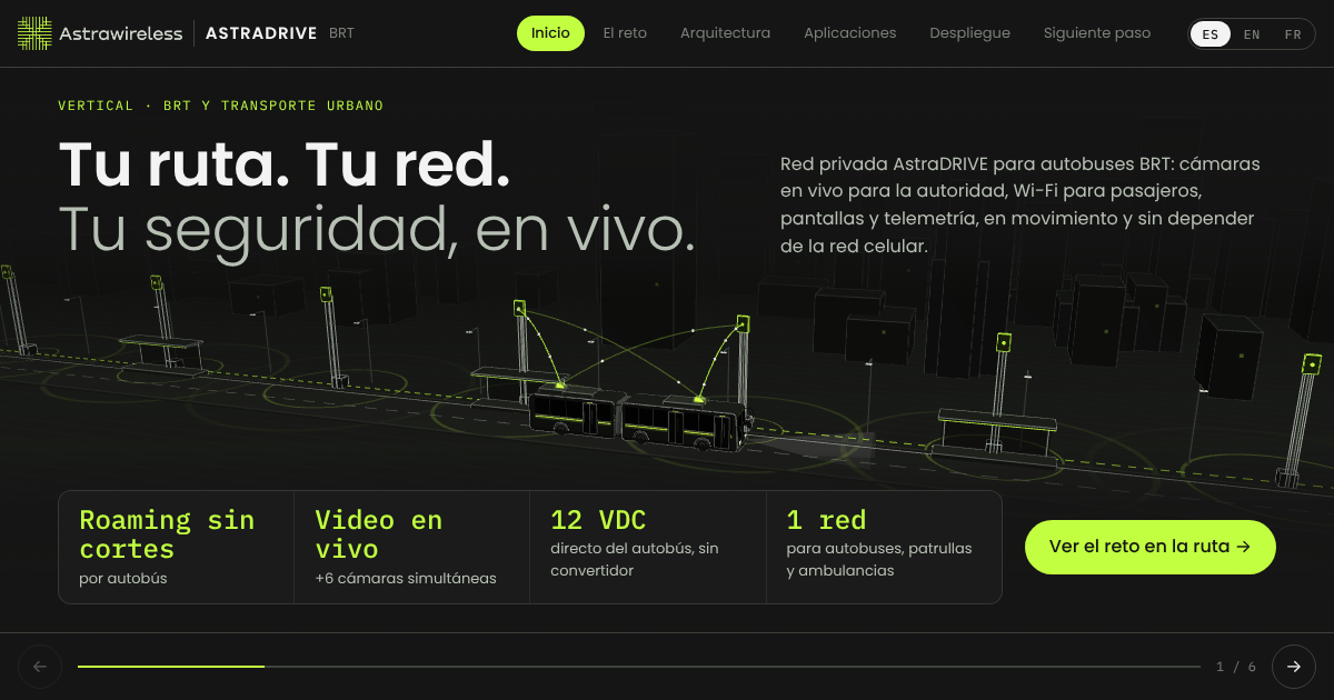 Autobús BRT articulado conectado a radiobases AstraDRIVE a lo largo de la ruta